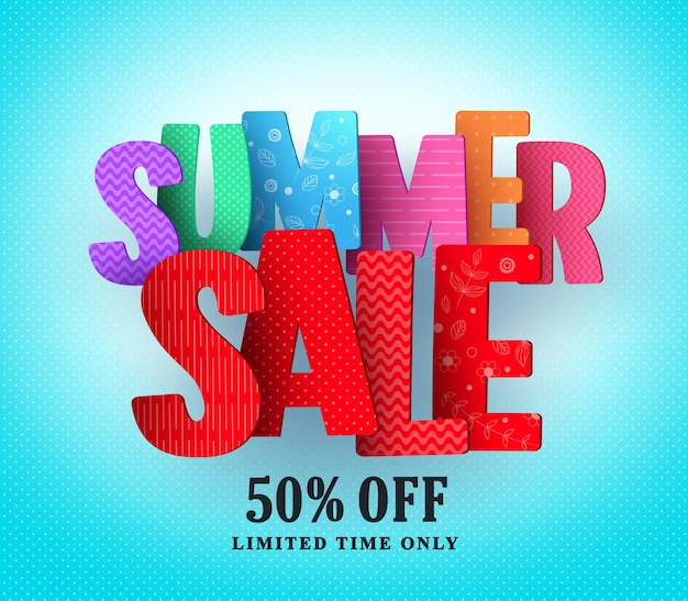 Summer sale vector banner design with colorful sale and discount text in blue pattern background