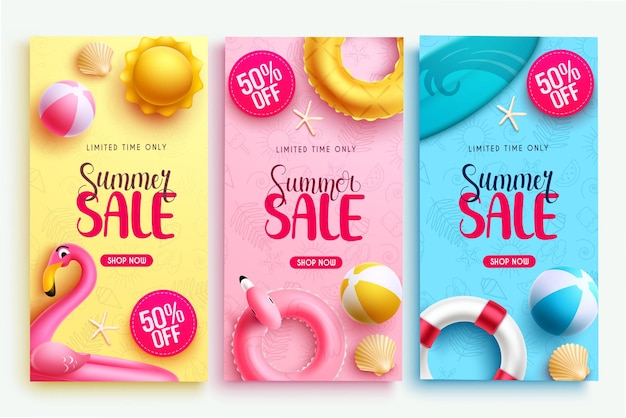 Summer sale vector banner set. Summer sale with discount text for business flyers, ads.