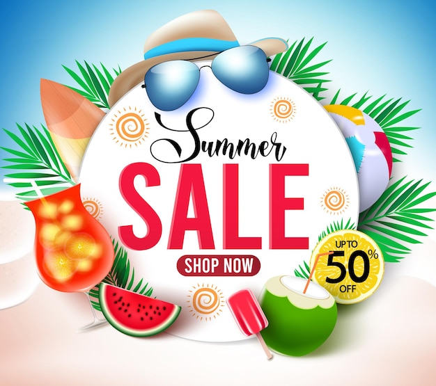 Summer sale vector banner template Summer sale text and elements like beach sand