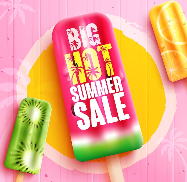 Summer sale vector design big hot summer sale text with watermelon lemon and kiwi popsicles