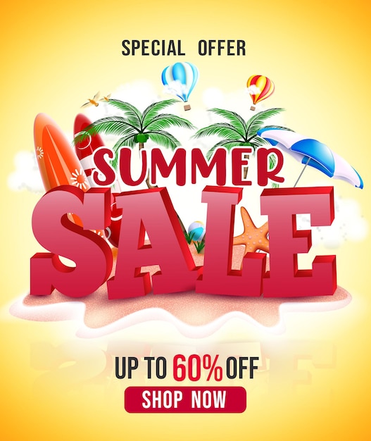 Design del poster vettoriale per i saldi estivi testo dell'offerta speciale per i saldi estivi con elementi tropicali da spiaggia