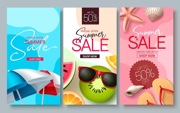 여름 판매 벡터 포스터 세트 디자인 해변 요소와 여름 프로모션 할인 컬렉션