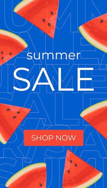 소셜 미디어 광고를 위한 여름 판매 수직 배너 템플릿 수박 조각이 있는 현대적인 디자인의 벡터 여름 판매 배너 지금 쇼핑하기 버튼이 있는 배너