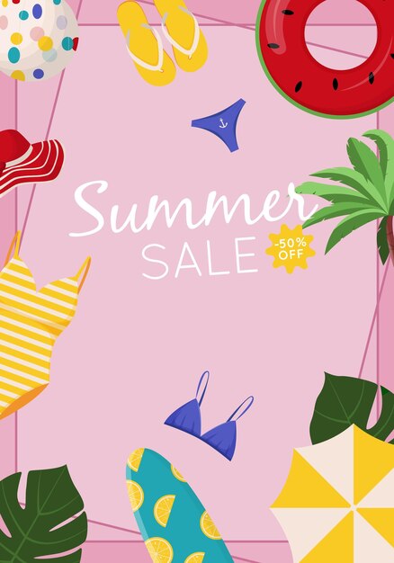 Summer sale web banner design Summer sale discount text with beach elements like swimsuit