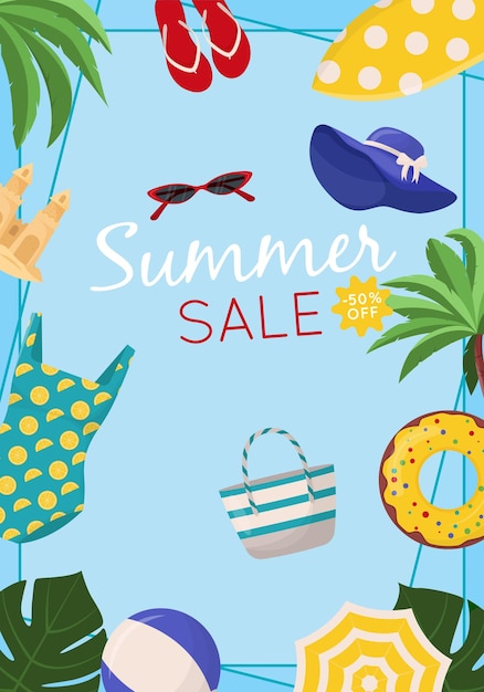 Vector summer sale web banner design summer sale discount text with beach elements