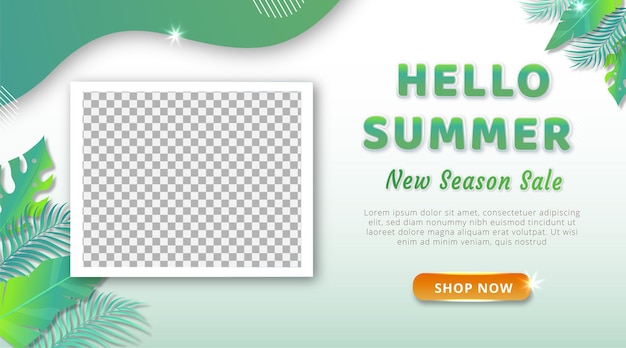 Banner web di saldi estivi e modello di promozione con foglie tropicali