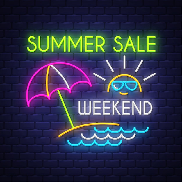 Summer sale weekend banner. neon sign