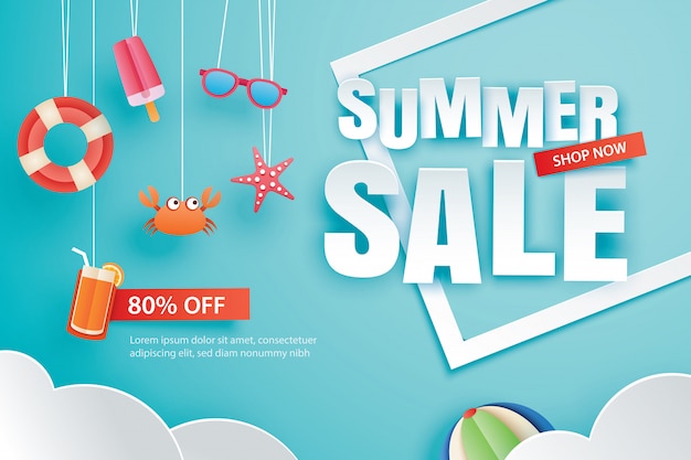 Vector summer sale with decoration origami on blue sky background.