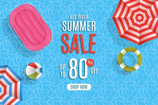 Summer sale with umbrella and pool background