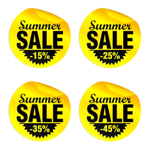 Vector summer sale yellow stickers set 15 25 35 45 off