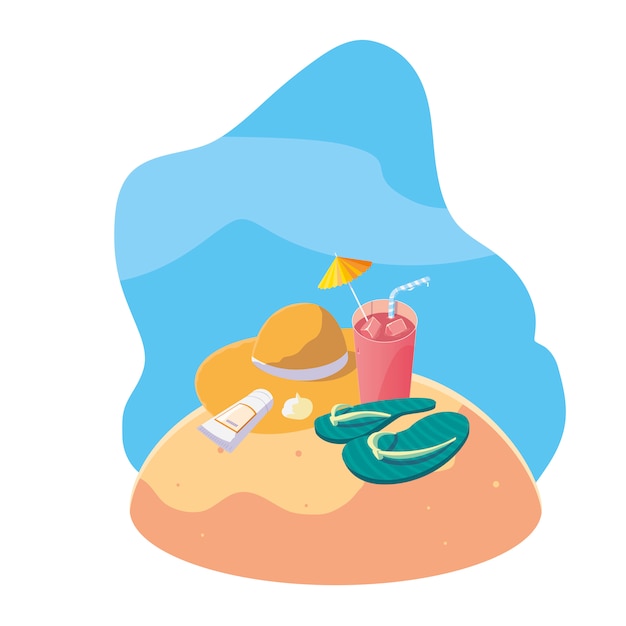 Vector summer sand beach with cocktail and icons scene