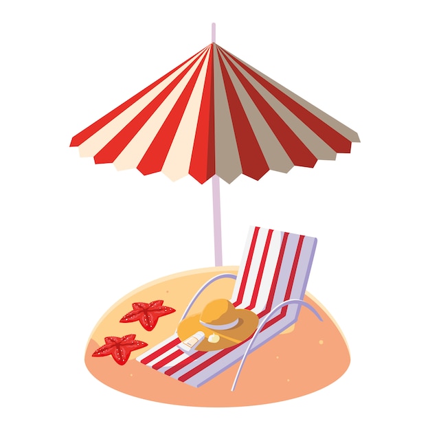 Летний песчаный пляж с зонтиком и стулом