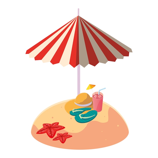 summer sand beach with umbrella and flip flops