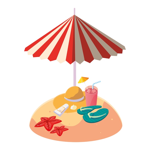 Vector summer sand beach with umbrella and straw hat