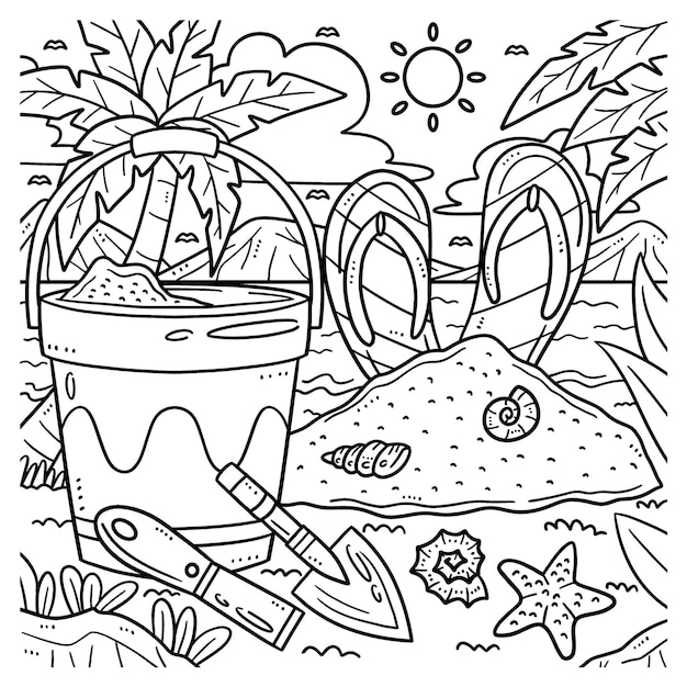 Vector summer sand castle tools coloring page for kids