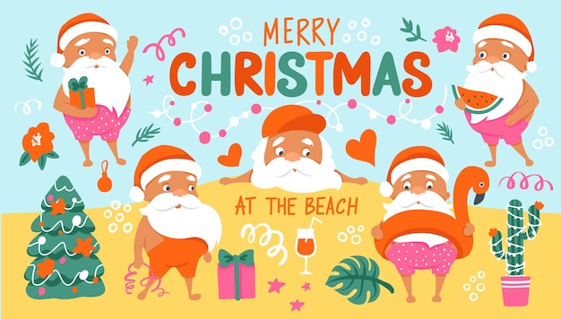 Summer santa characters. tropical christmas and happy new year in a warm climate collection. cute santa claus and lettering inscription - merry christmas at the beach