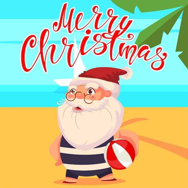 Summer santa claus on the beach  cute cartoon character. happy christmas hand draw text.