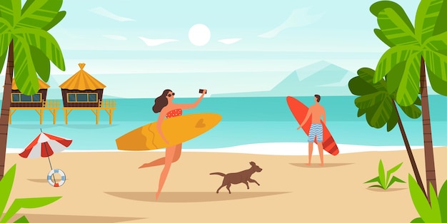 Vector summer sea activity beach surfing on ocean coast