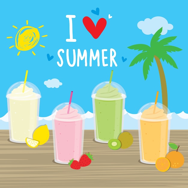 Summer sea beach cartoon cocktails fruit juice holiday vacation