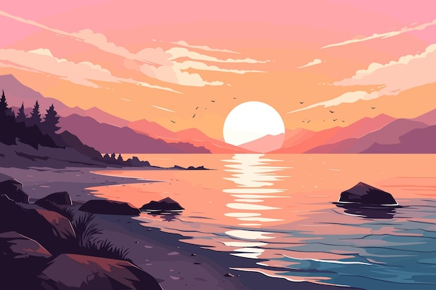 Vector summer sea sunset flat landscap vector art illustration retro vintage poster