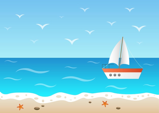 오순절 배 Seastar와 갈매기와 여름 바다