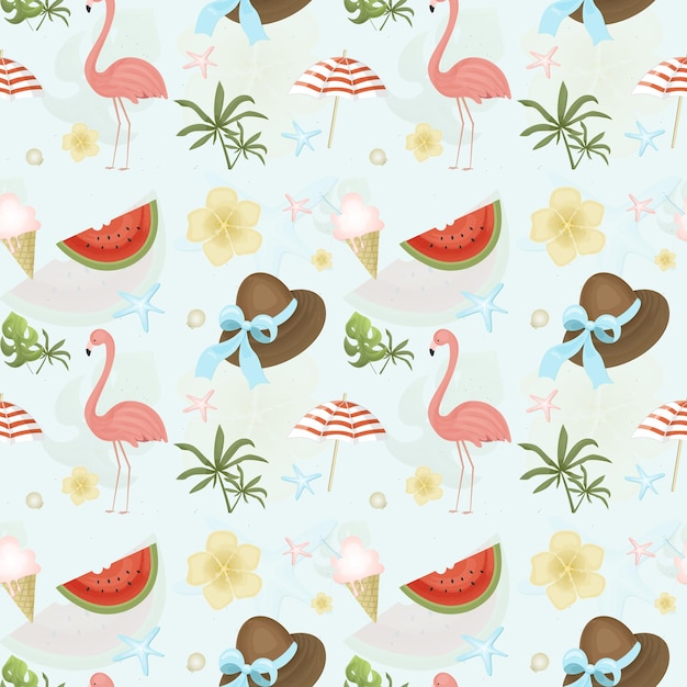 Summer seamless colorful pattern with flamingo tropical leaves seashell watermelon