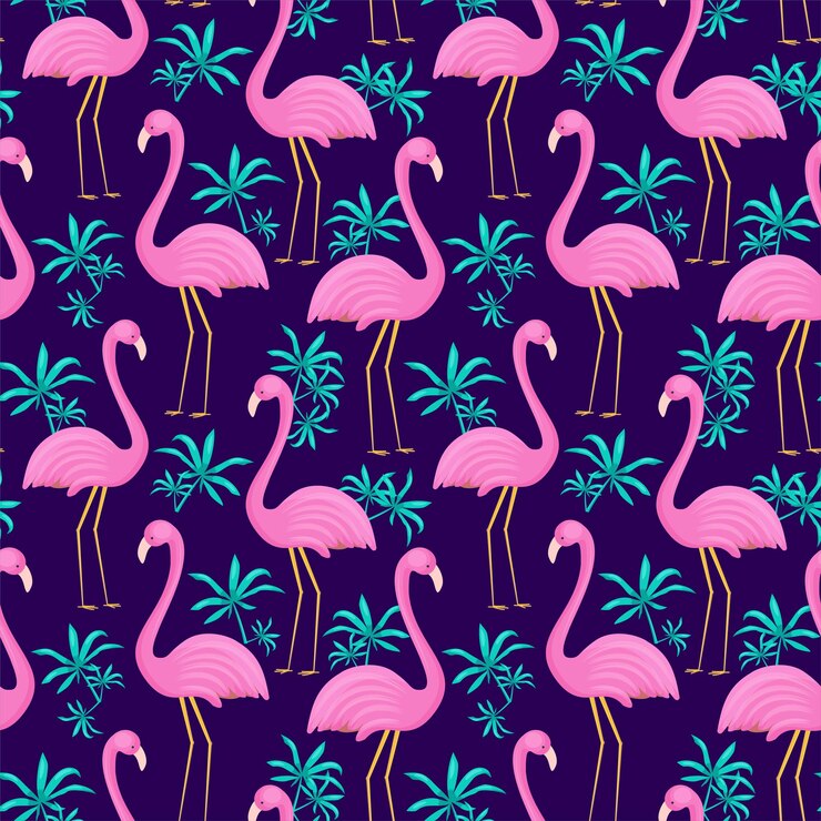 Vector summer seamless pattern of flamingo and tropical leaves vector background