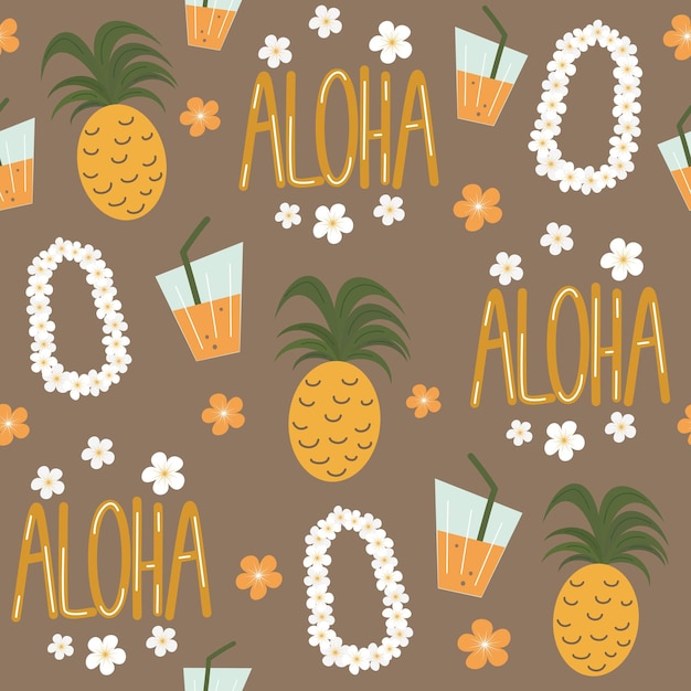 Vector summer seamless pattern illustration with hawaiian flowers necklace pineapples cocktail and aloha