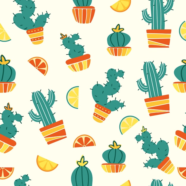 Summer seamless pattern mexican cacti in pots wedges of lemon grapefruit and lime