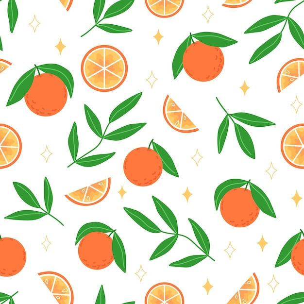 Summer seamless pattern of oranges leaves and twigs in flat