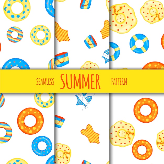 Summer seamless pattern set with beach accessories. cartoon style. vector illustration.