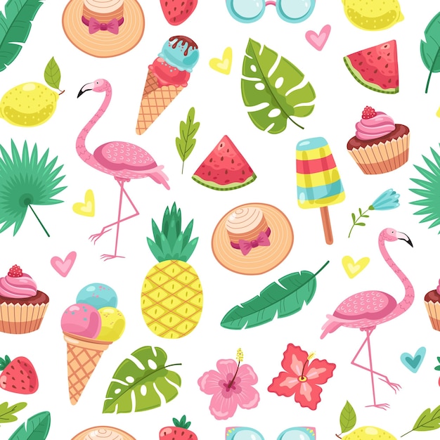 Summer seamless pattern. Tropical Flamingo, ice cream and pineapple, leaves and cocktail, watermelon, flowers vector texture. Flamingo and pineapple pattern, flower and watermelon illustration