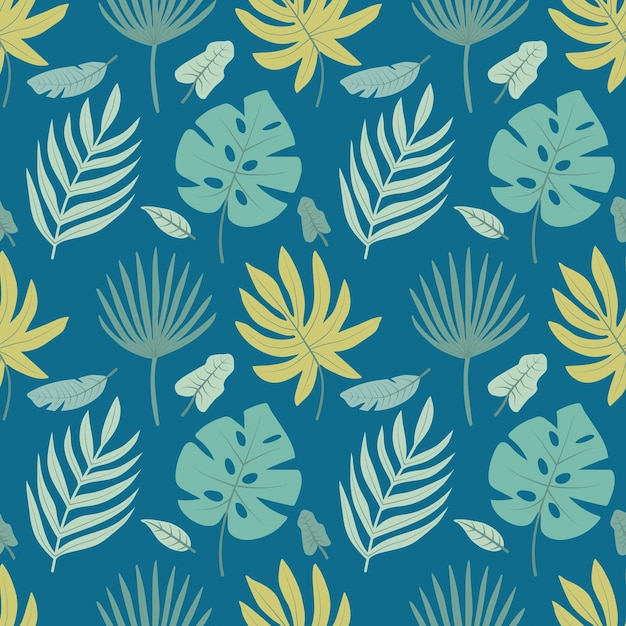 Vector summer seamless pattern of tropical leaves in flat style