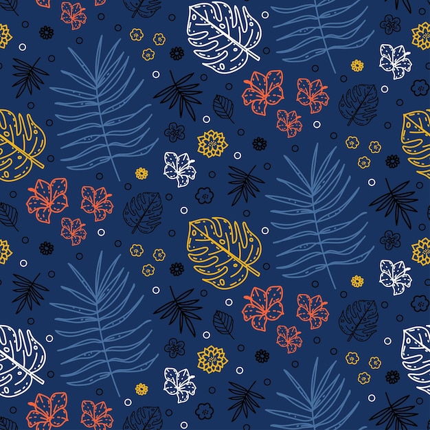 Summer seamless pattern with abstract tropical palm and monstera leaves flowers