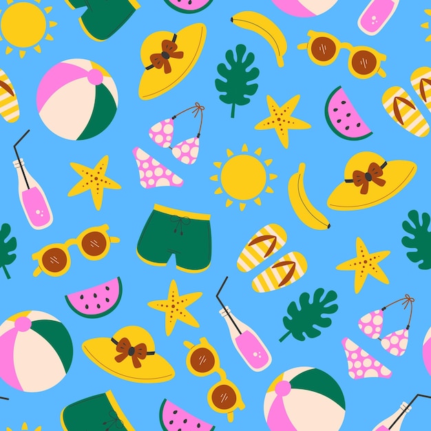 Vector summer seamless pattern with beach accessories modern summertime vector illustration