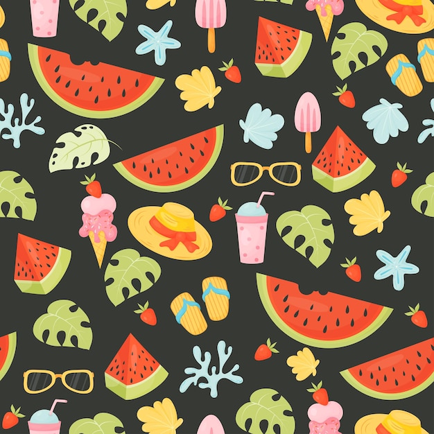 Vector summer seamless pattern with beach accessories and seashells and with pieces watermelon