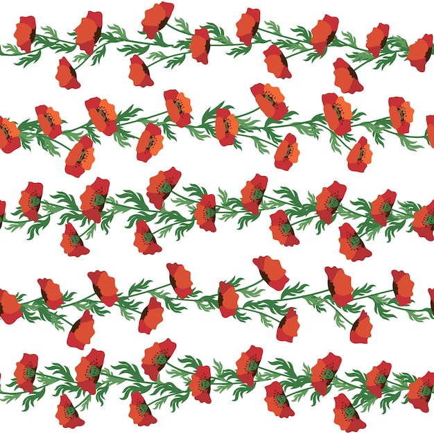 Summer seamless pattern with bright red poppy flowers and poppy pods field meadow of poppies garland flower border