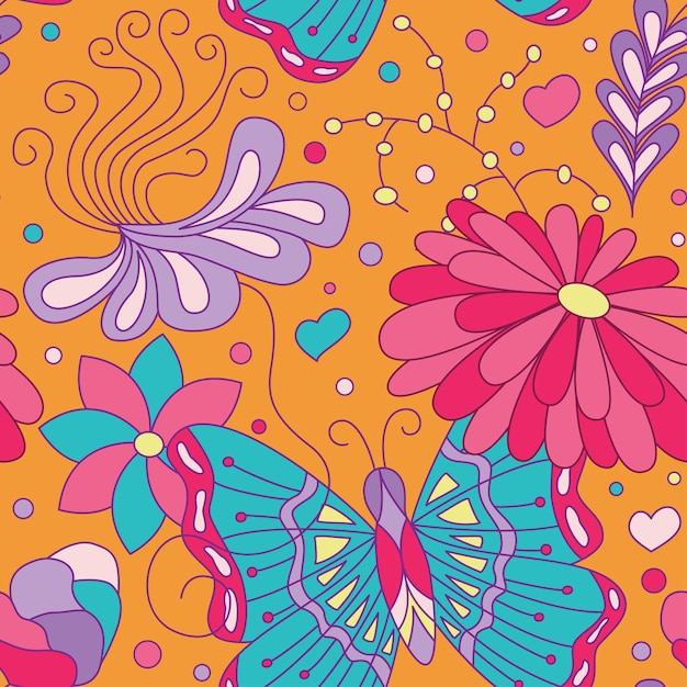 Summer seamless pattern with butterfly and exotic flowers