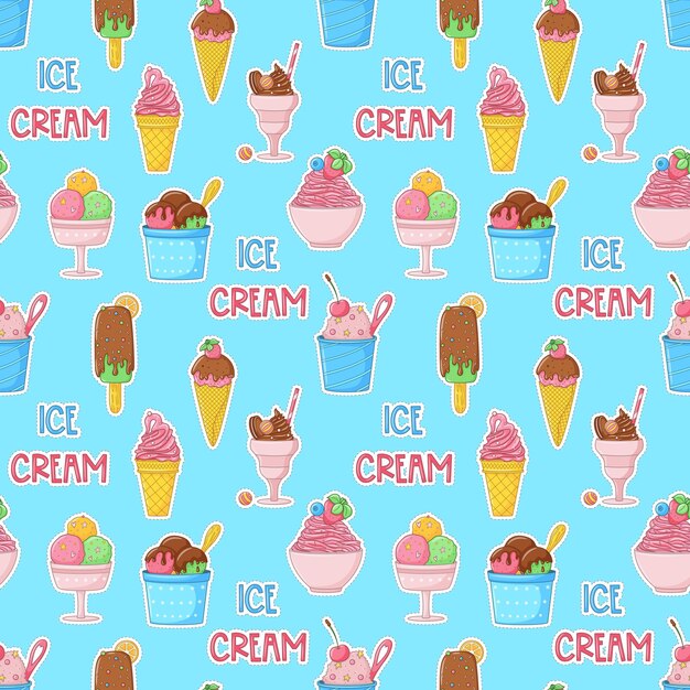 만화 밝은 아이스크림 아이스 캔디 딸기 초콜릿 포장지 직물 벽지 디자인 달콤한 여름 음식 파란색 배경에 벡터 다채로운 삽화와 함께 여름 원활한 패턴