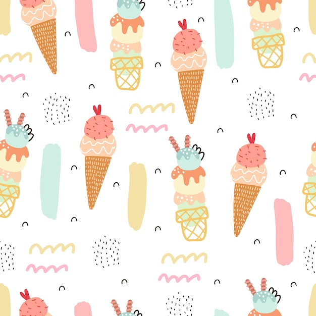 Vector summer seamless pattern with cartoon ice cream