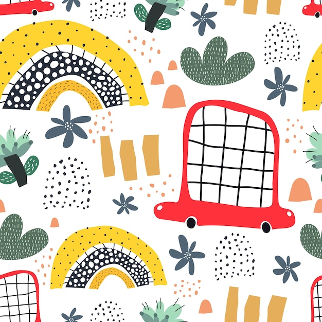 summer seamless pattern with cartoon rainbows cars flowers