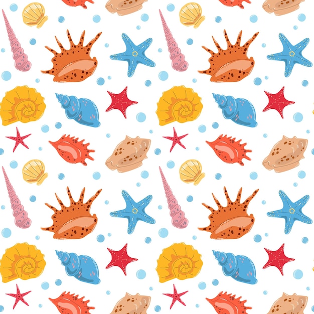 Summer seamless pattern with colorful different seashells and starfishes in flat hand drawn style