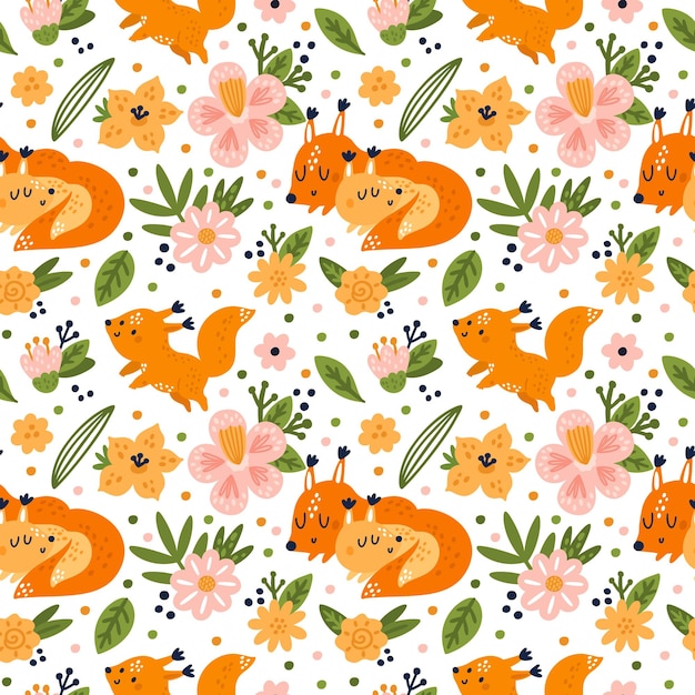 Vector summer seamless pattern with cute baby animals and blossom flowers floral textile ornament for kids