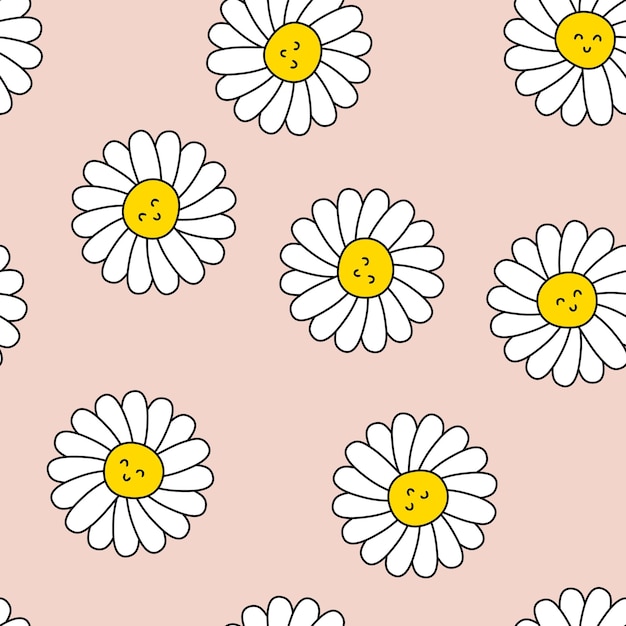 Summer seamless pattern with daisy flowers in 1960 style Childish characters print with happy emotions Kids vector illustration for decor and design