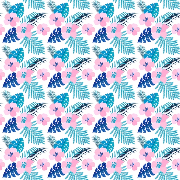 Summer seamless pattern with flat flowers and tropical leaves of monstera.