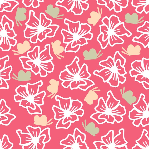 70년대 스타일의 꽃과 나비가 있는 여름 원활한 패턴 섬유 T셔츠 및 인쇄용 꽃무늬 그루비 배경 장식 및 디자인을 위한 낙서 벡터 그림