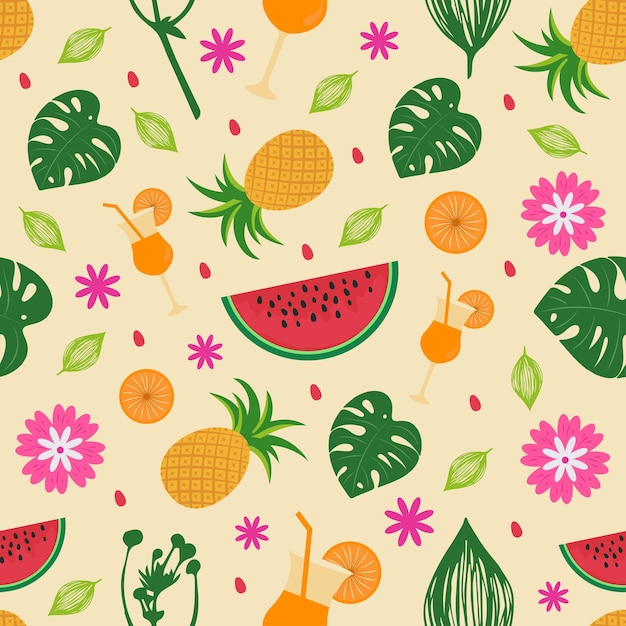Летний бесшовный узор с фруктами, тропическими листьями и цветами для печати баннера из текстильной ткани
