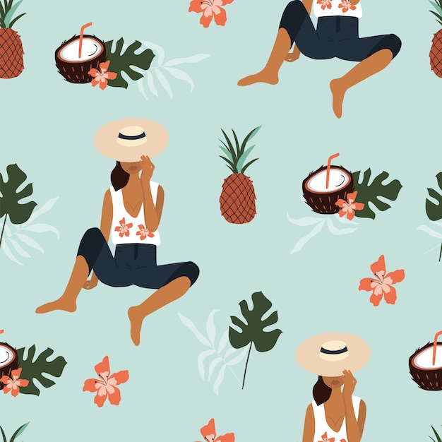 Summer seamless pattern with girl.