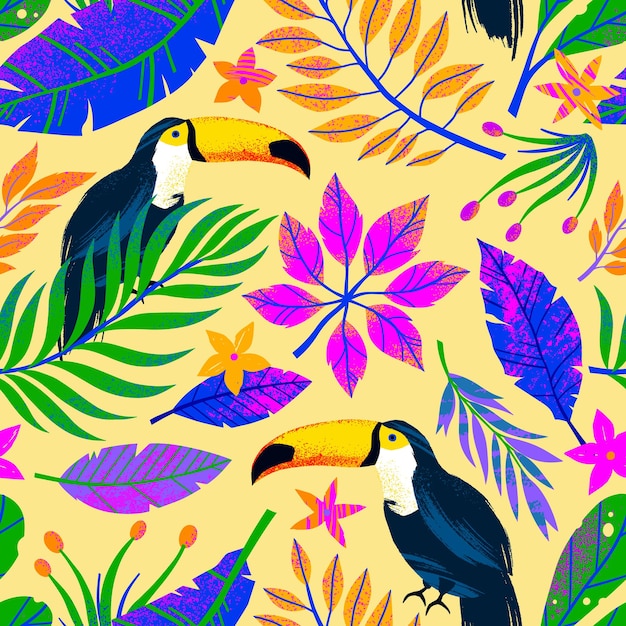 Summer seamless pattern with hand drawn tropical leaves