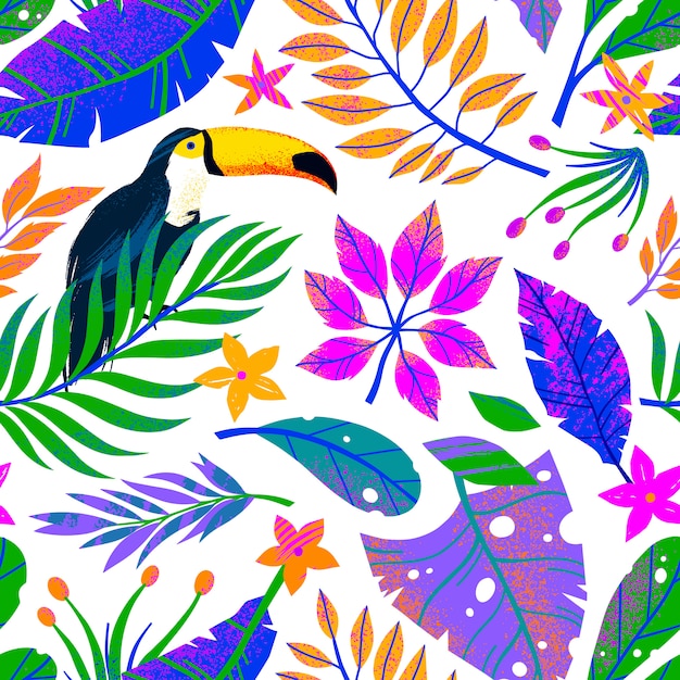 Summer seamless pattern with hand drawn tropical leaves